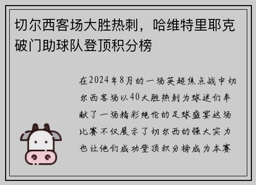切尔西客场大胜热刺,哈维特里耶克破门助球队登顶积分榜