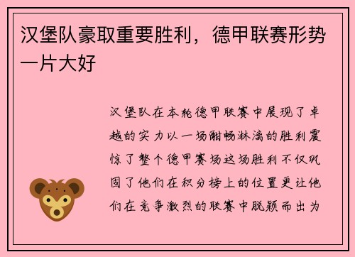 汉堡队豪取重要胜利,德甲联赛形势一片大好