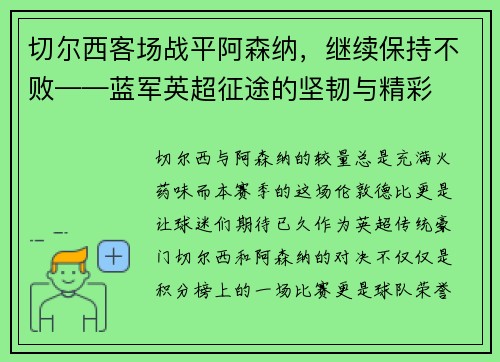 切尔西客场战平阿森纳,继续保持不败——蓝军英超征途的坚韧与精彩