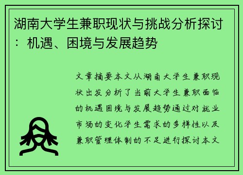 湖南大学生兼职现状与挑战分析探讨:机遇、困境与发展趋势