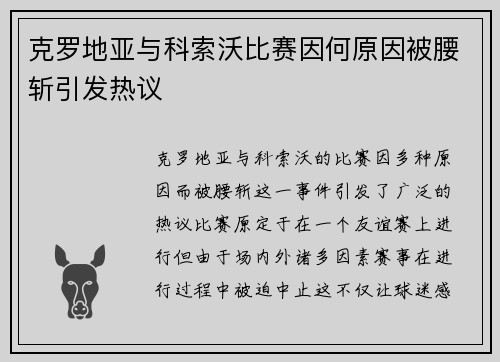 克罗地亚与科索沃比赛因何原因被腰斩引发热议