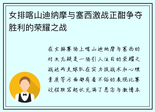女排喀山迪纳摩与塞西激战正酣争夺胜利的荣耀之战