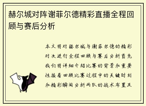 赫尔城对阵谢菲尔德精彩直播全程回顾与赛后分析