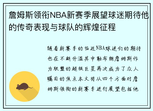 詹姆斯领衔NBA新赛季展望球迷期待他的传奇表现与球队的辉煌征程