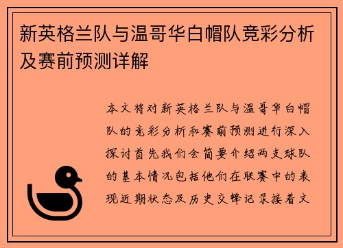 新英格兰队与温哥华白帽队竞彩分析及赛前预测详解