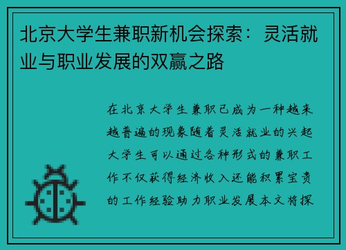 北京大学生兼职新机会探索：灵活就业与职业发展的双赢之路