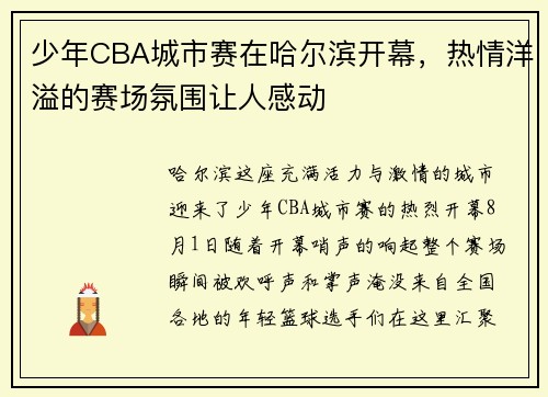 少年CBA城市赛在哈尔滨开幕，热情洋溢的赛场氛围让人感动