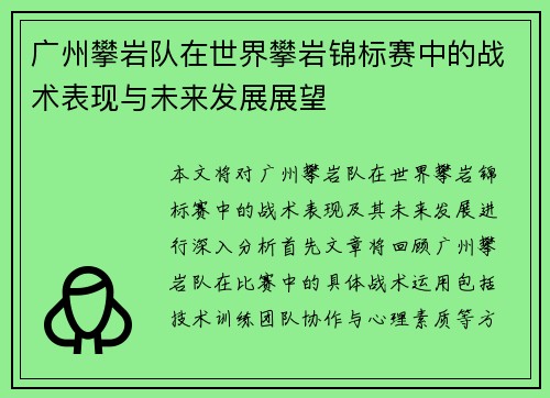广州攀岩队在世界攀岩锦标赛中的战术表现与未来发展展望