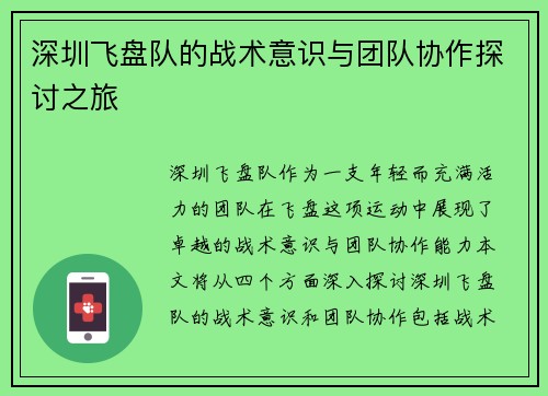 深圳飞盘队的战术意识与团队协作探讨之旅